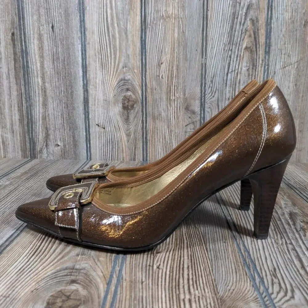 Tahari Adam Pointed Toe Heels Patent Glitter Bronze Brown‎ Designer Pumps Sz 6.5
